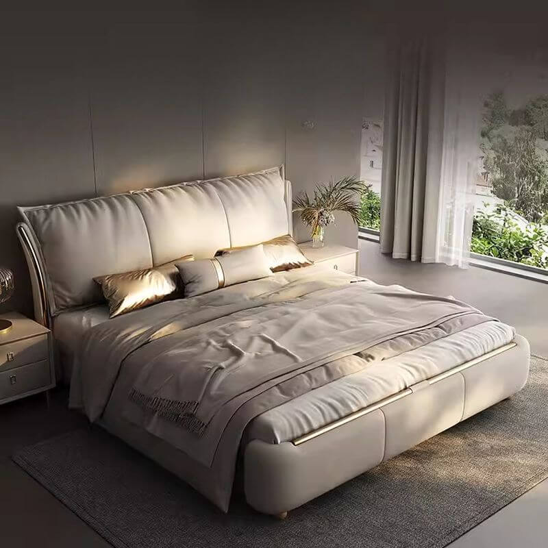 Modern Grey Panel Bed with High Headboard and Fixed Height