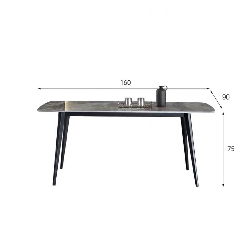 Modern grey rectangular dining table with bright rock tabletop and carbon steel legs