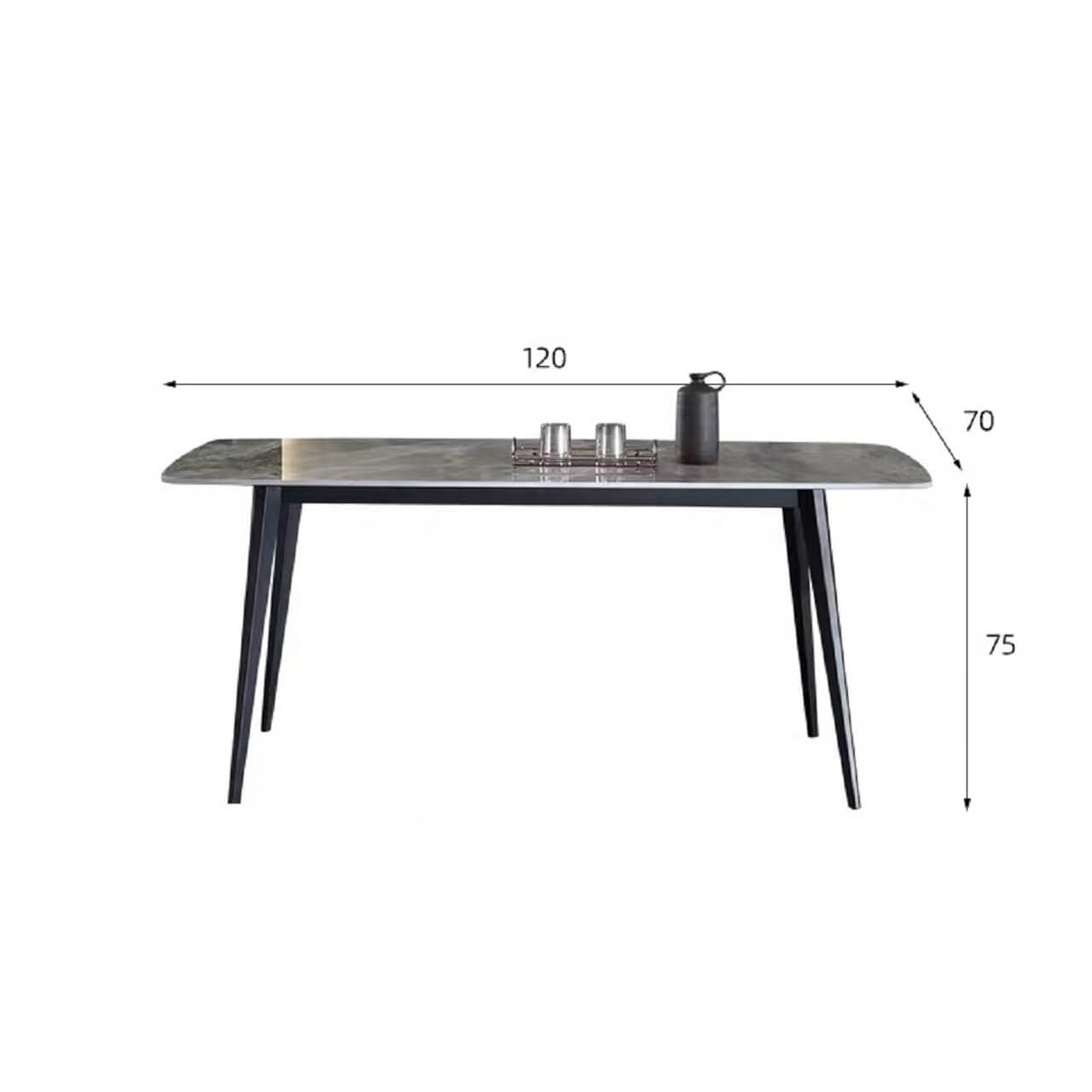 Modern grey rectangular dining table with bright rock tabletop and carbon steel legs