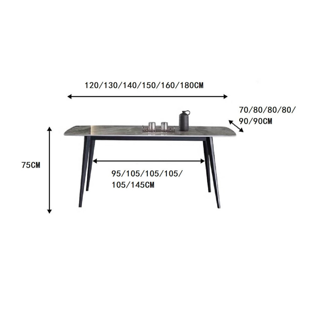 Modern grey rectangular dining table with bright rock tabletop and carbon steel legs dimensions