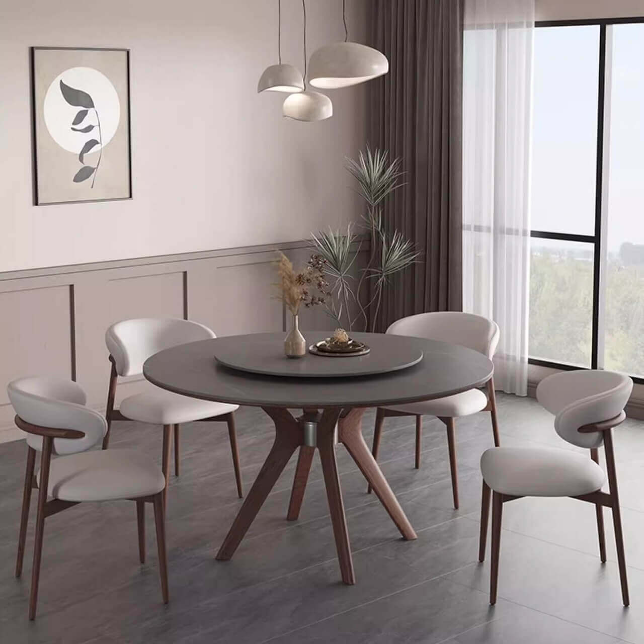 Runder Esstisch mit Lazy Susan – Moderner grauer Sinterstein