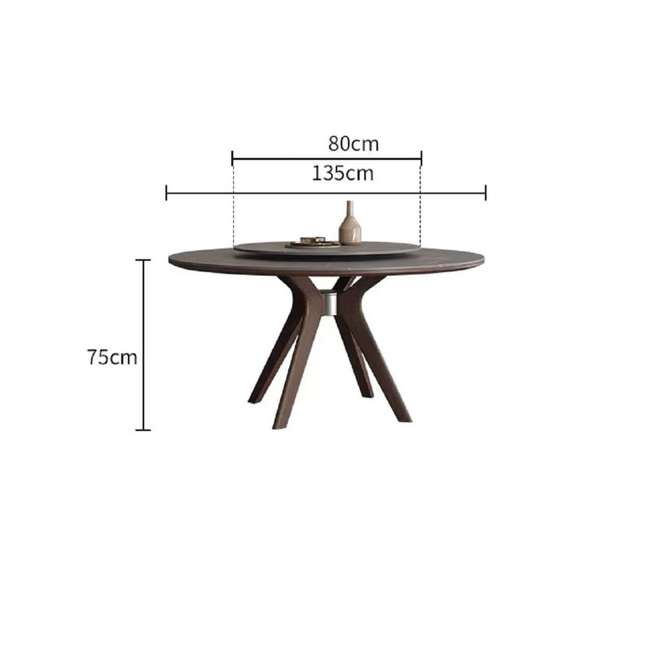 Grey round sintered stone dining table with rotating lazy Susan and simplistic design