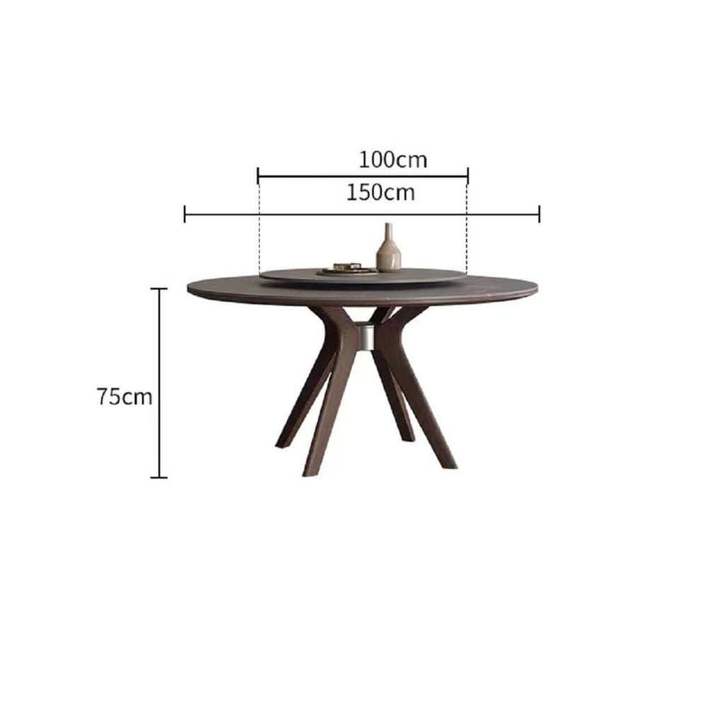 Grey round sintered stone dining table with rotating lazy Susan and simplistic design