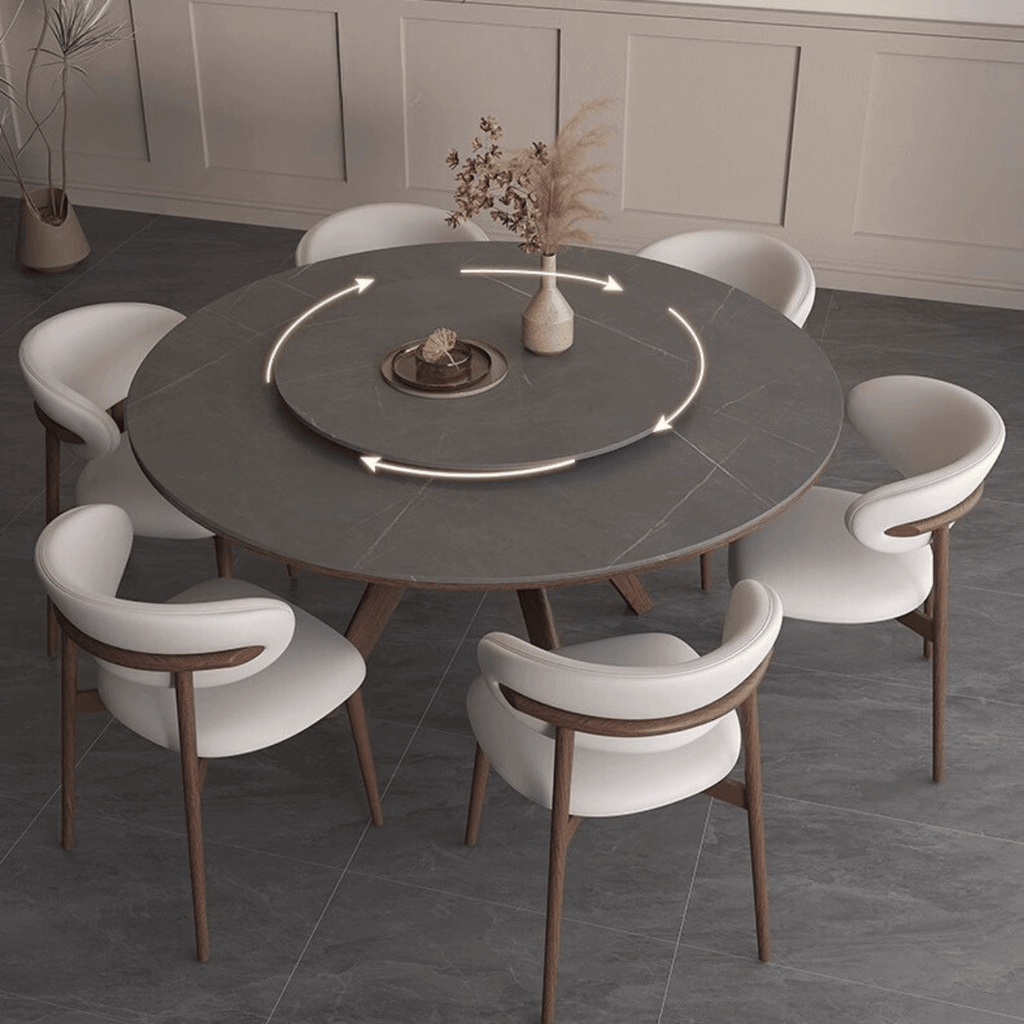 Grey round sintered stone dining table with rotating lazy Susan and simplistic design