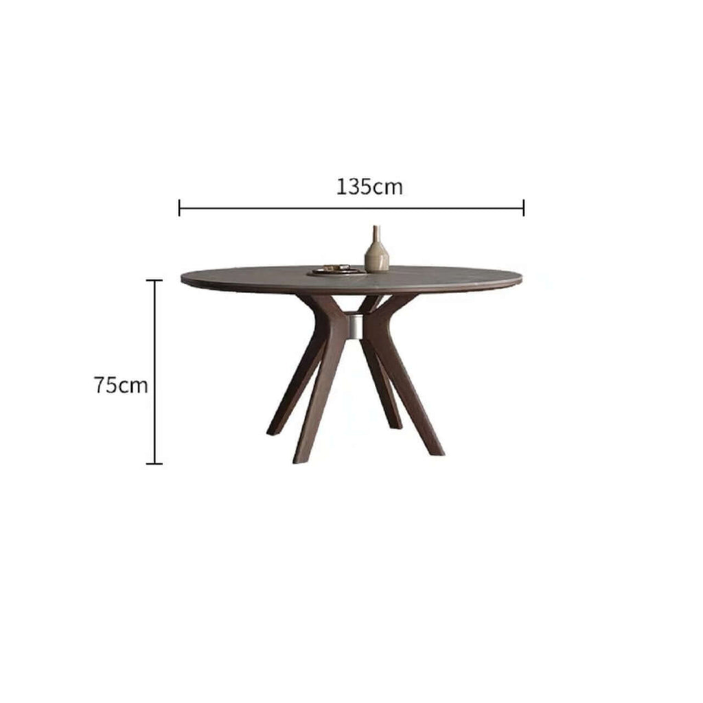 Grey round sintered stone dining table with rotating lazy Susan and simplistic design