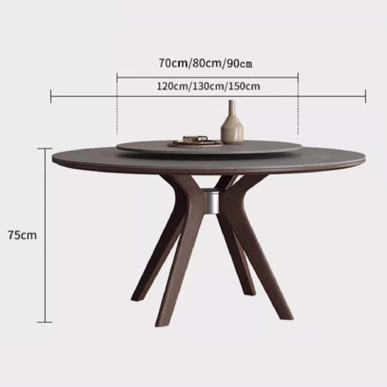 Grey round sintered stone dining table with rotating lazy Susan and simplistic design dimensions