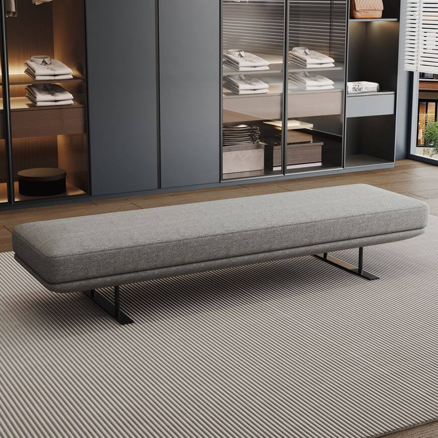 Modern Grey Upholstered Bench with Low Profile Design and Soft Cushioning