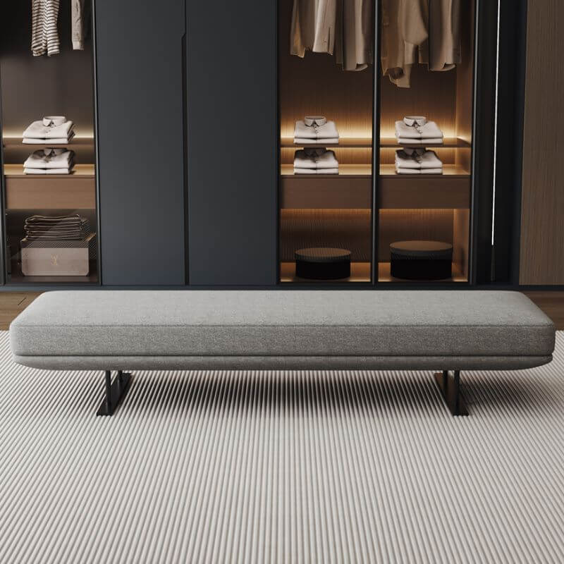 Modern Grey Upholstered Bench with Low Profile Design and Soft Cushioning
