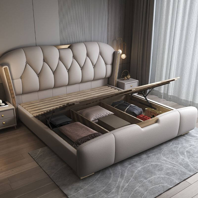 Modern Grey Wingback Bed with Under-Bed Storage