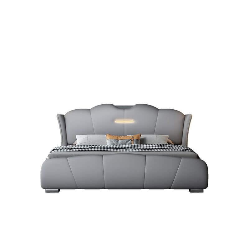 Modern Grey Wood Panel Bed With Genuine Leather Upholstery