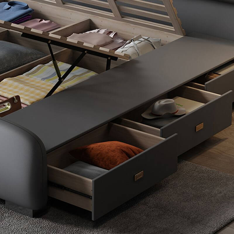 Modern Grey Wood Panel Bed With Genuine Leather Upholstery