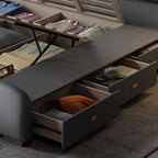 Modern Grey Wood Panel Bed With Genuine Leather Upholstery