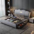 Modern Grey Wood Panel Bed With Genuine Leather Upholstery