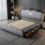 Modern Grey Wood Panel Bed With Genuine Leather Upholstery