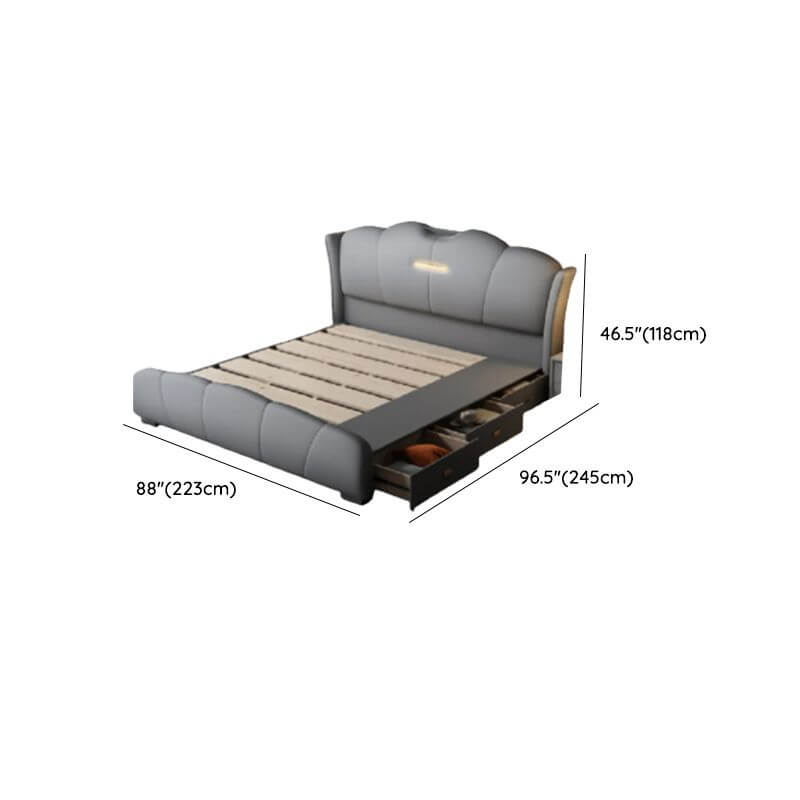 Modern Grey Wood Panel Bed With Genuine Leather Upholstery Dimensions