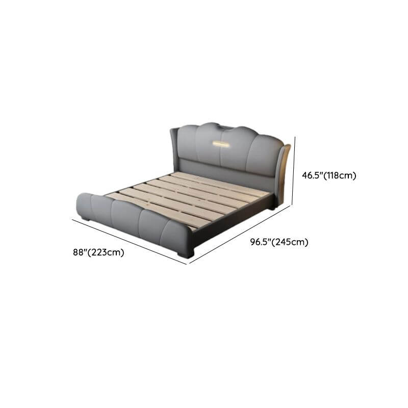 Modern Grey Wood Panel Bed With Genuine Leather Upholstery Dimensions