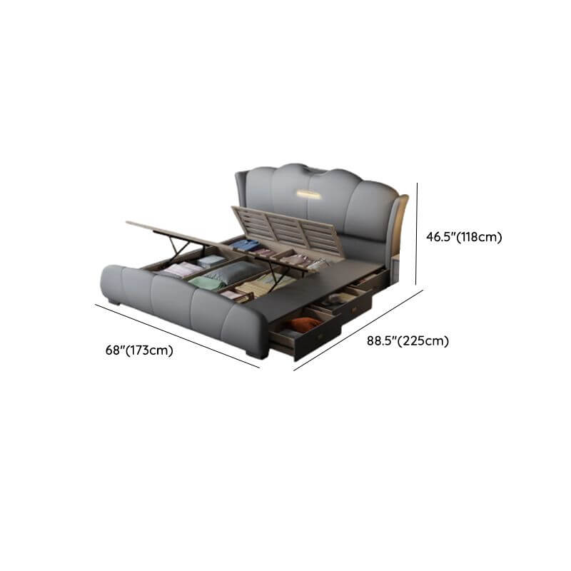 Modern Grey Wood Panel Bed With Genuine Leather Upholstery Dimensions