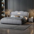 Modern Grey Wood Panel Bed With Genuine Leather Upholstery Main Product Image