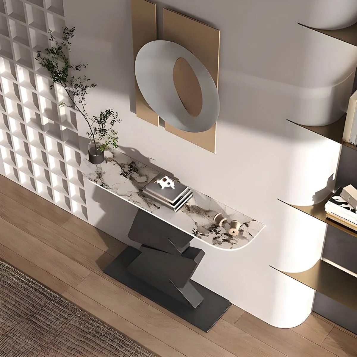 Modern Half-Moon Stone Console Table with Abstract Metal Base Secondary image