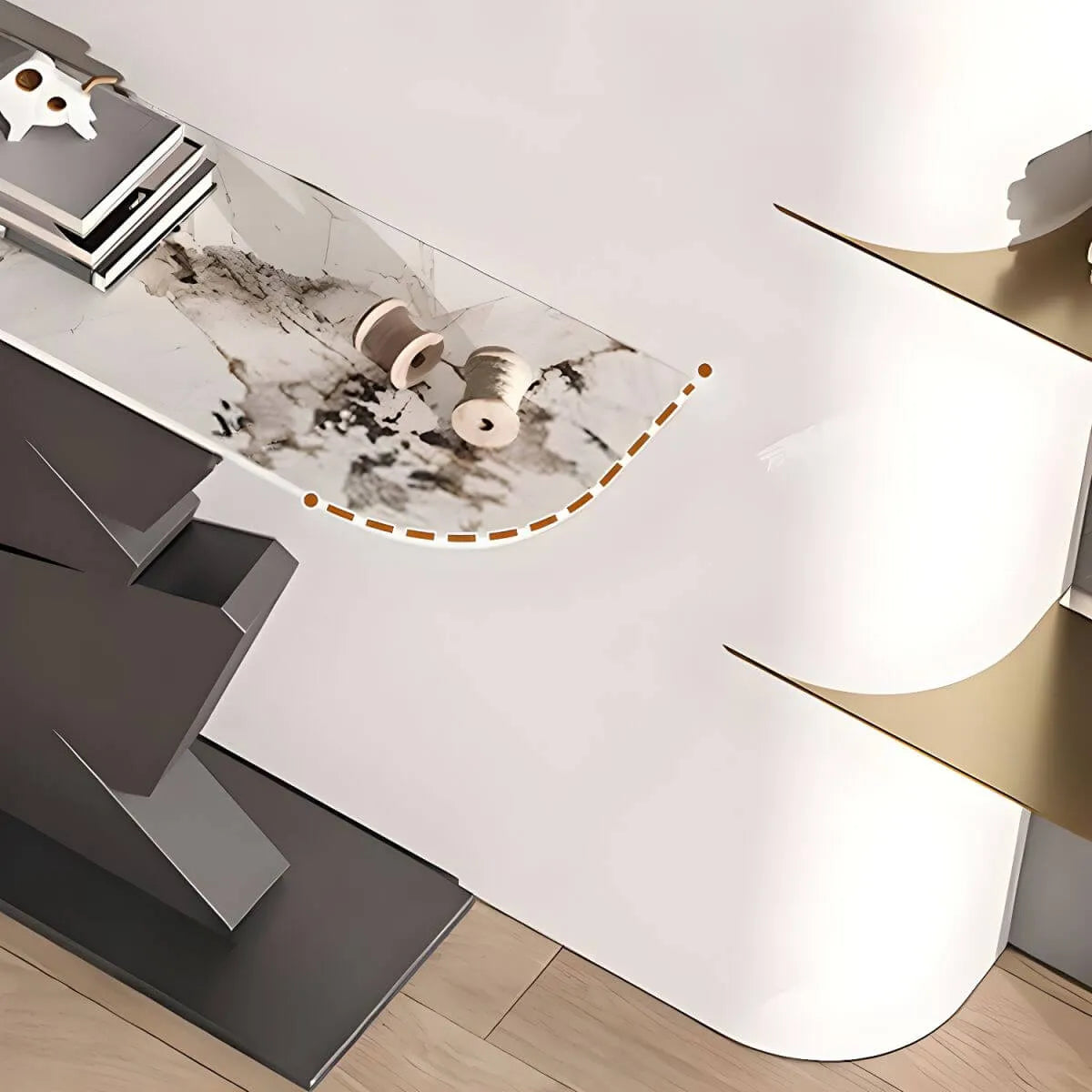 Modern Half-Moon Stone Console Table with Abstract Metal Base