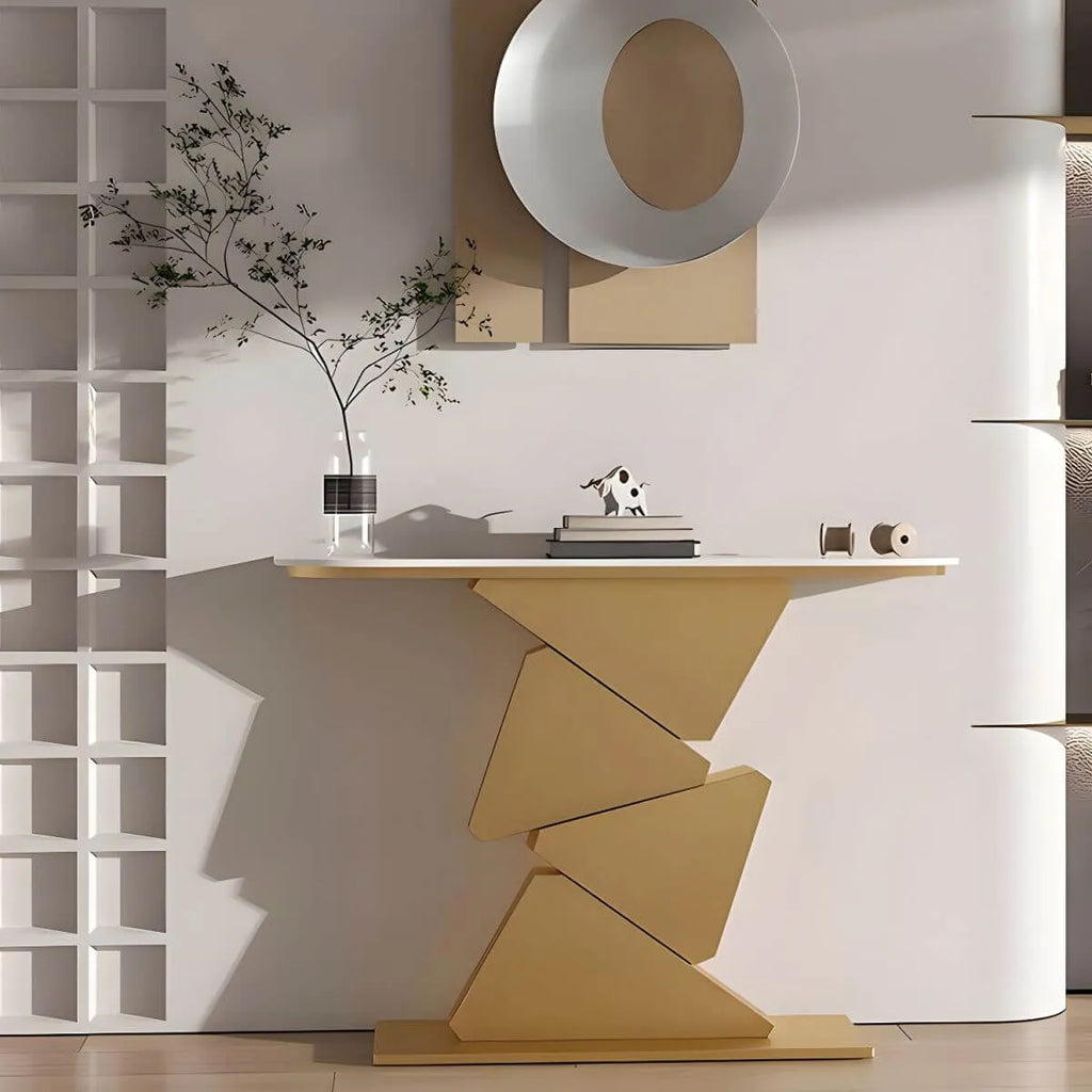 Modern Half-Moon Stone Console Table with Abstract Metal Base