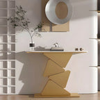 Modern Half-Moon Stone Console Table with Abstract Metal Base