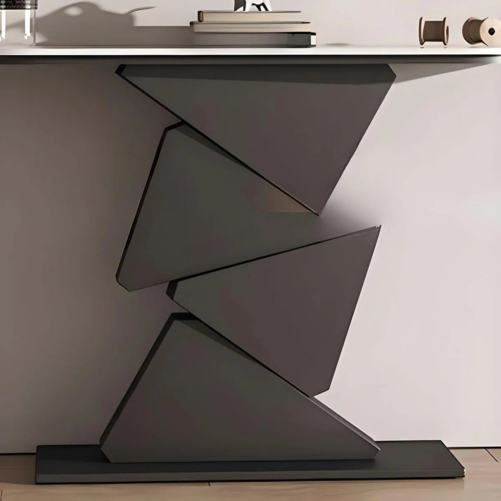 Modern Half-Moon Stone Console Table with Abstract Metal Base