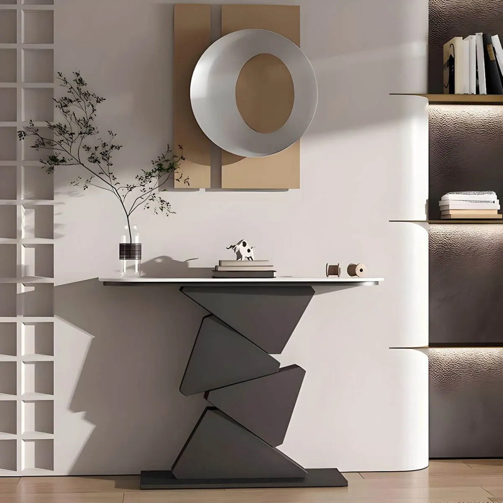 Modern Half-Moon Stone Console Table with Abstract Metal Base