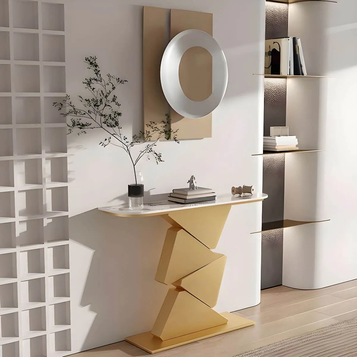 Modern Half-Moon Stone Console Table with Abstract Metal Base Main Product Image Main image