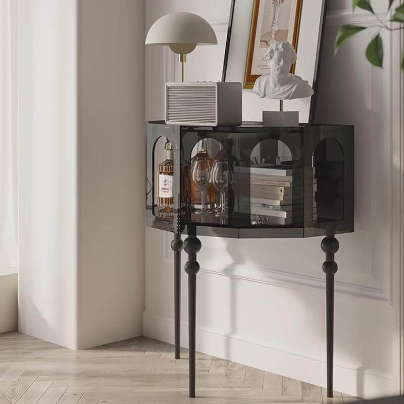Modern Half-Round Lucite Console Table with Cabinet and Three Legs Main Product Image Main image