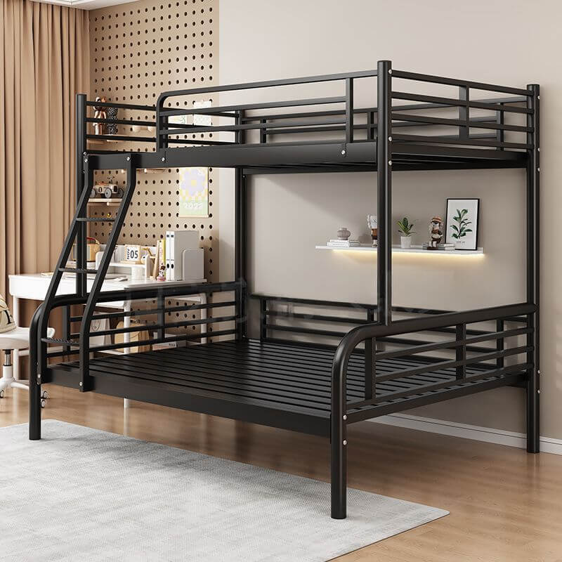 Modern Iron Bunk Bed with Guardrails and Built-In Ladder
