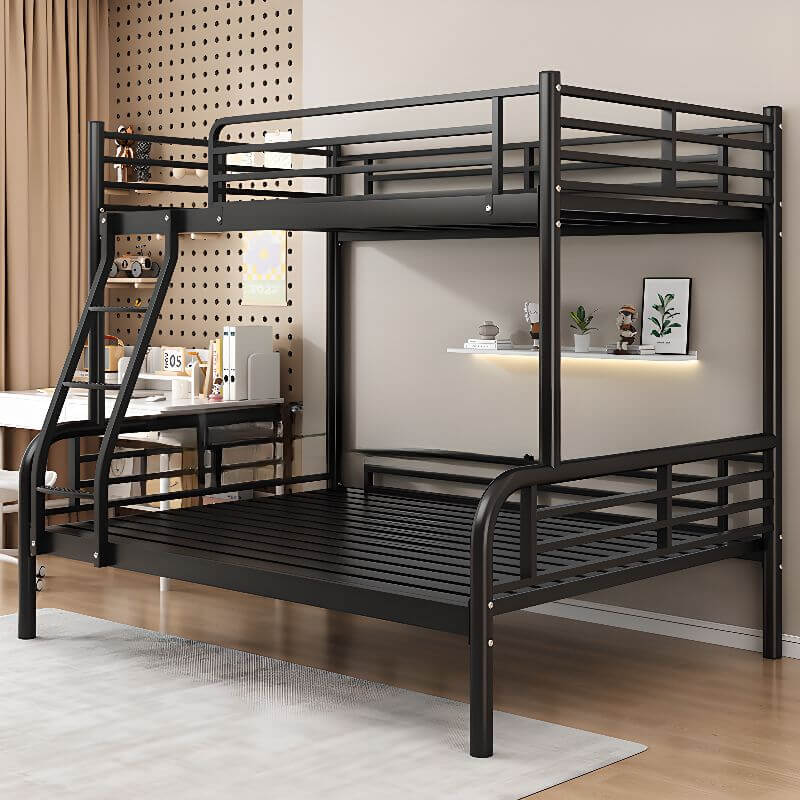 Modern Iron Bunk Bed with Guardrails and Built-In Ladder