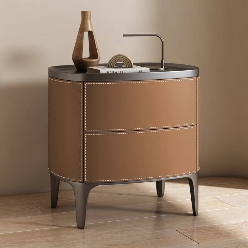 Modern Leather Drawer Storage with Wood Top and 2-Tier Design
