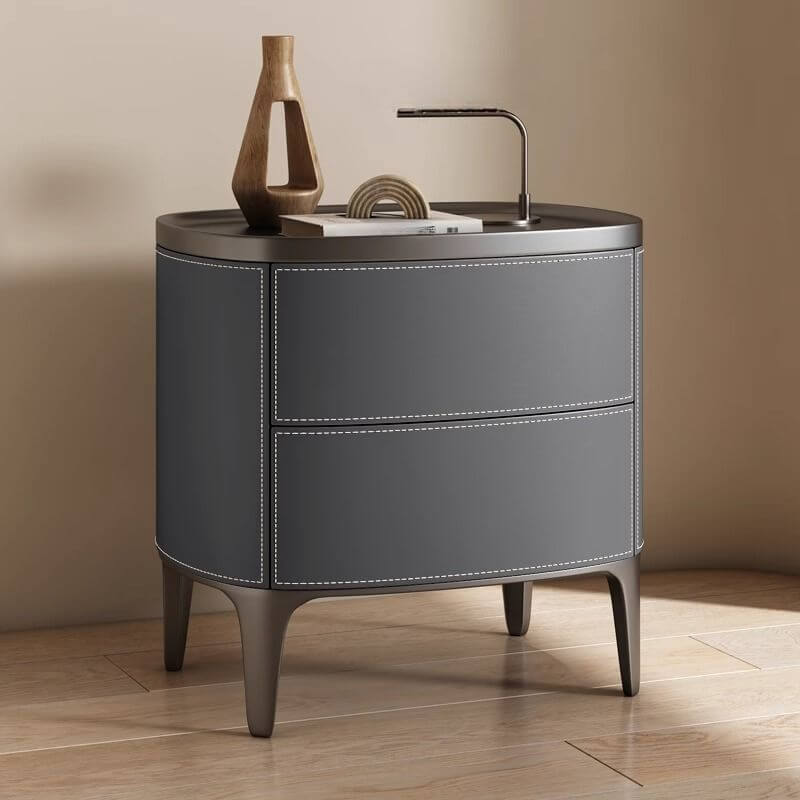 Modern Leather Drawer Storage with Wood Top and 2-Tier Design