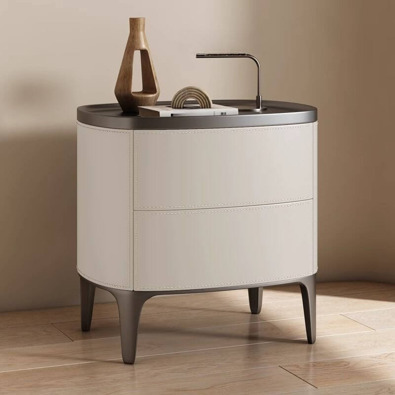 Modern Leather Drawer Storage with Wood Top and 2-Tier Design