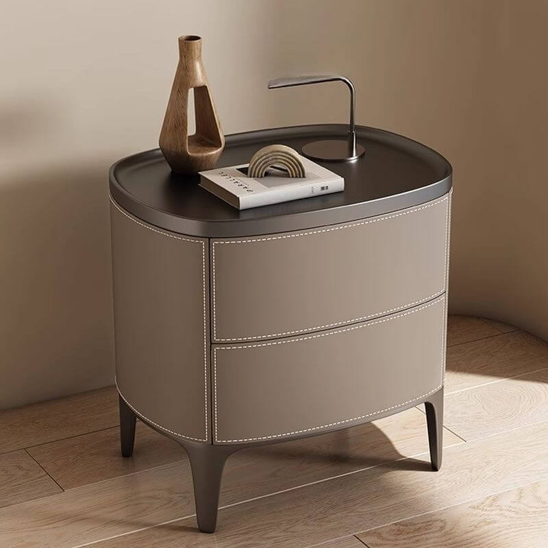 Modern Leather Drawer Storage with Wood Top and 2-Tier Design