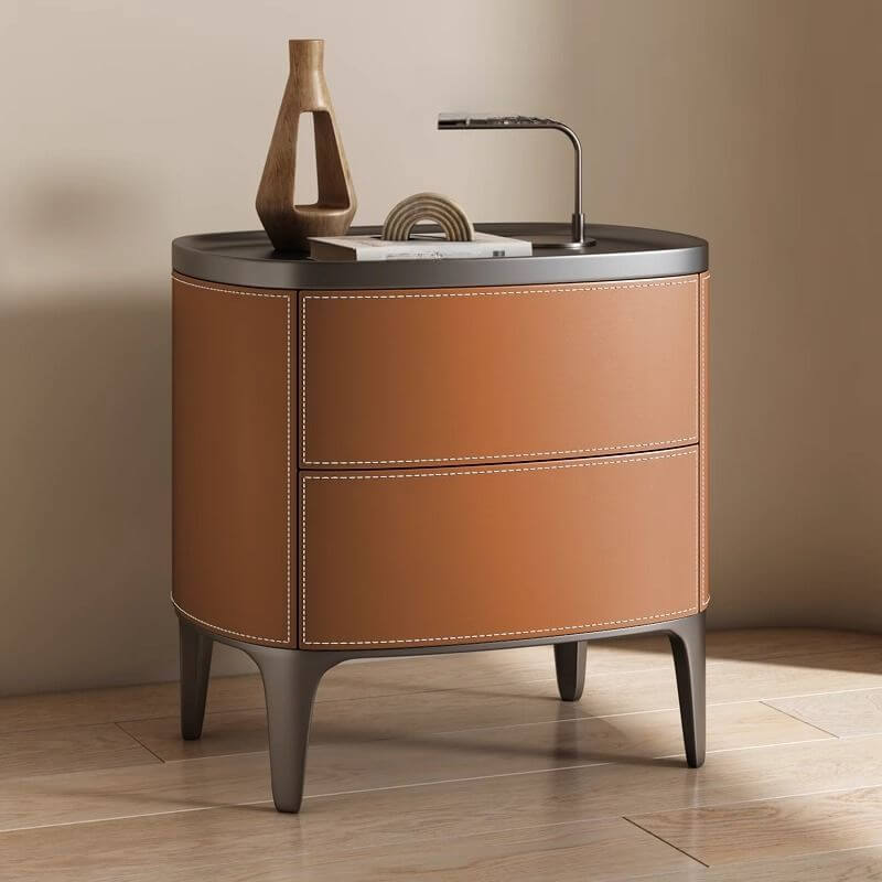 Modern Leather Drawer Storage with Wood Top and 2-Tier Design