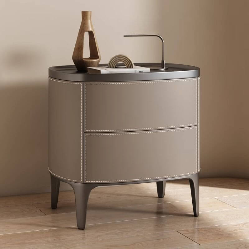 Modern Leather Drawer Storage with Wood Top and 2-Tier Design