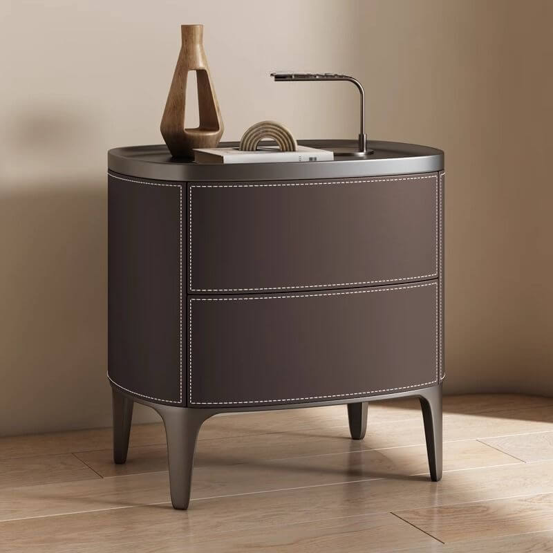 Modern Leather Drawer Storage with Wood Top and 2-Tier Design