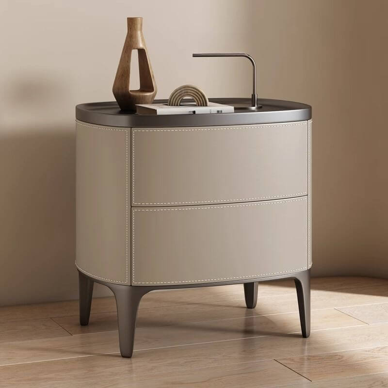 Modern Leather Drawer Storage with Wood Top and 2-Tier Design