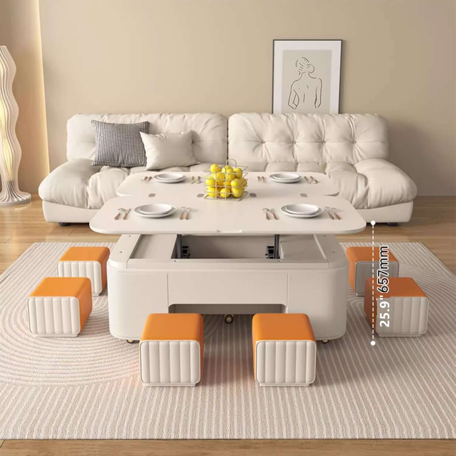 Modern Lifting Coffee Table Set With 2 Stools