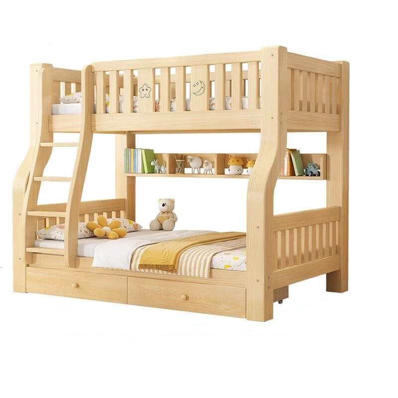 Modern Light Wood Bunk Bed with Ladder, Drawers, and Integrated Shelving