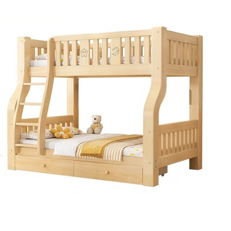 Modern Light Wood Bunk Bed with Ladder, Drawers, and Integrated Shelving