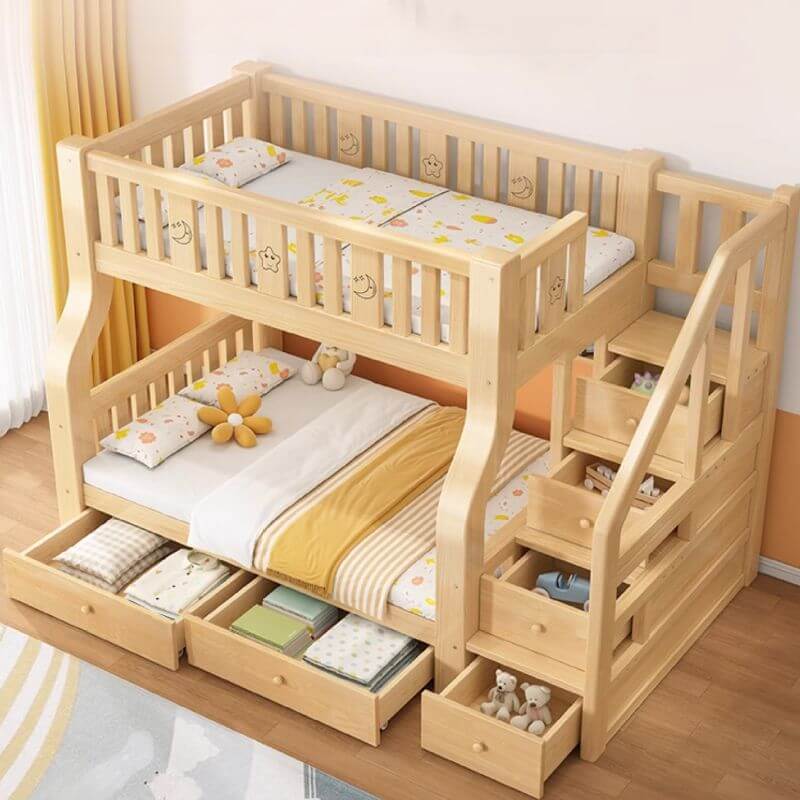 Modern Light Wood Bunk Bed with Ladder, Drawers, and Integrated Shelving