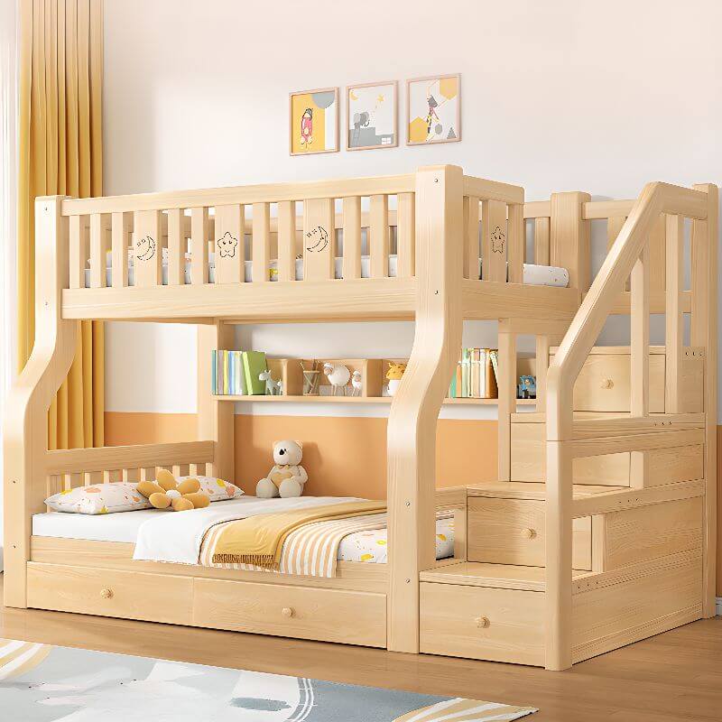 Modern Light Wood Bunk Bed with Ladder, Drawers, and Integrated Shelving