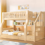 Modern Light Wood Bunk Bed with Ladder, Drawers, and Integrated Shelving