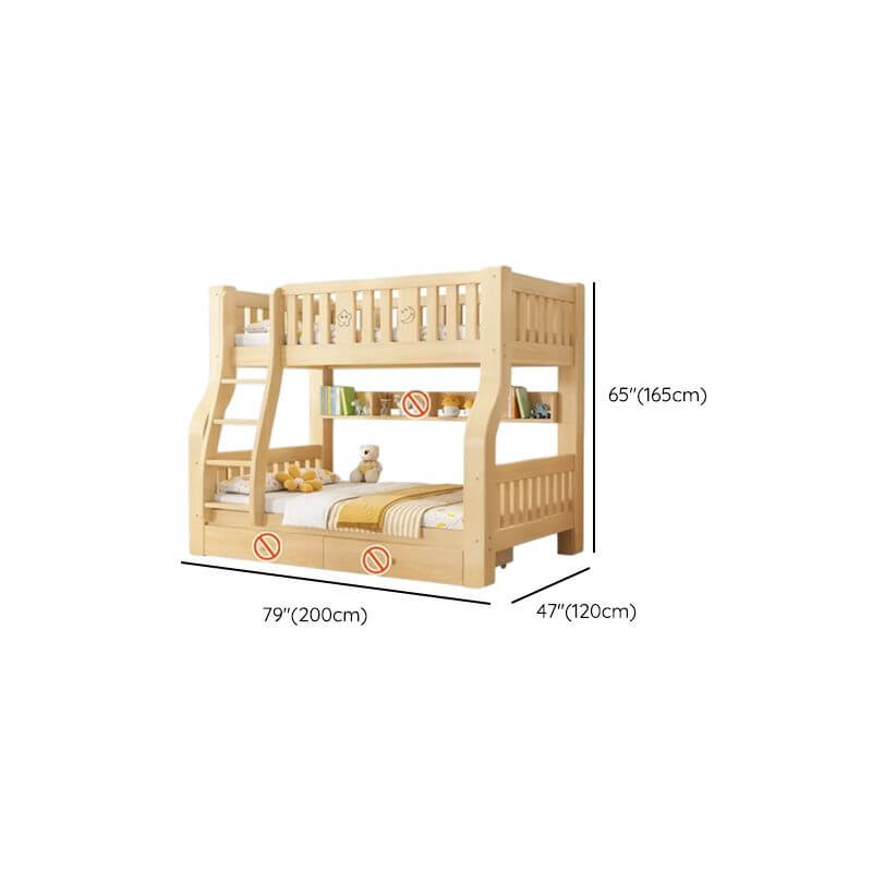 Modern Light Wood Bunk Bed with Ladder, Drawers, and Integrated Shelving Dimensions