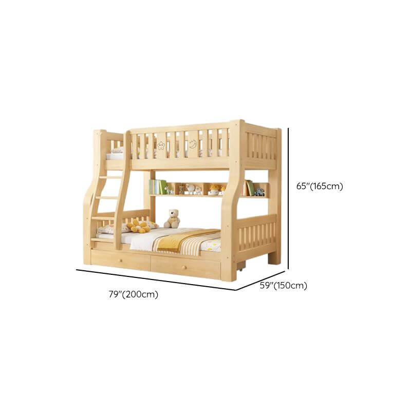 Modern Light Wood Bunk Bed with Ladder, Drawers, and Integrated Shelving Dimensions
