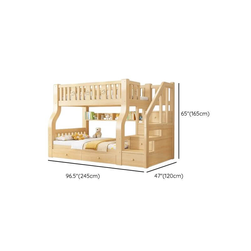 Modern Light Wood Bunk Bed with Ladder, Drawers, and Integrated Shelving Dimensions