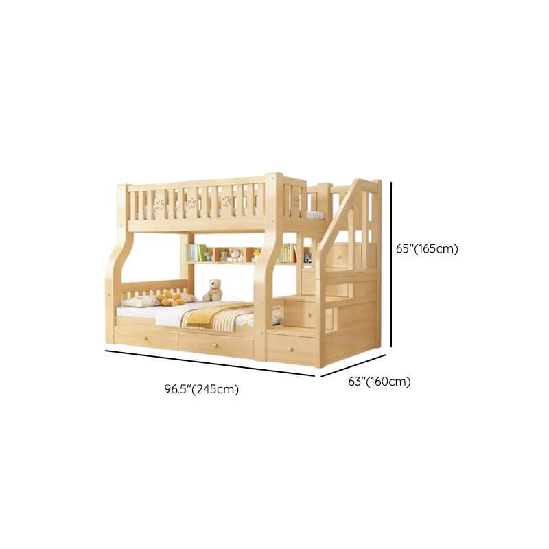 Modern Light Wood Bunk Bed with Ladder, Drawers, and Integrated Shelving Dimensions